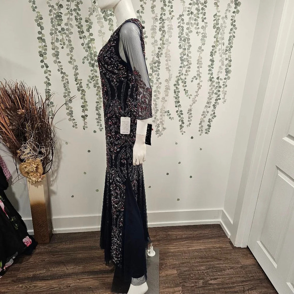 PISARRO NIGHTS Sequin Beaded Illusion Gown In Navy Sz 10 - Picture 6 of 12